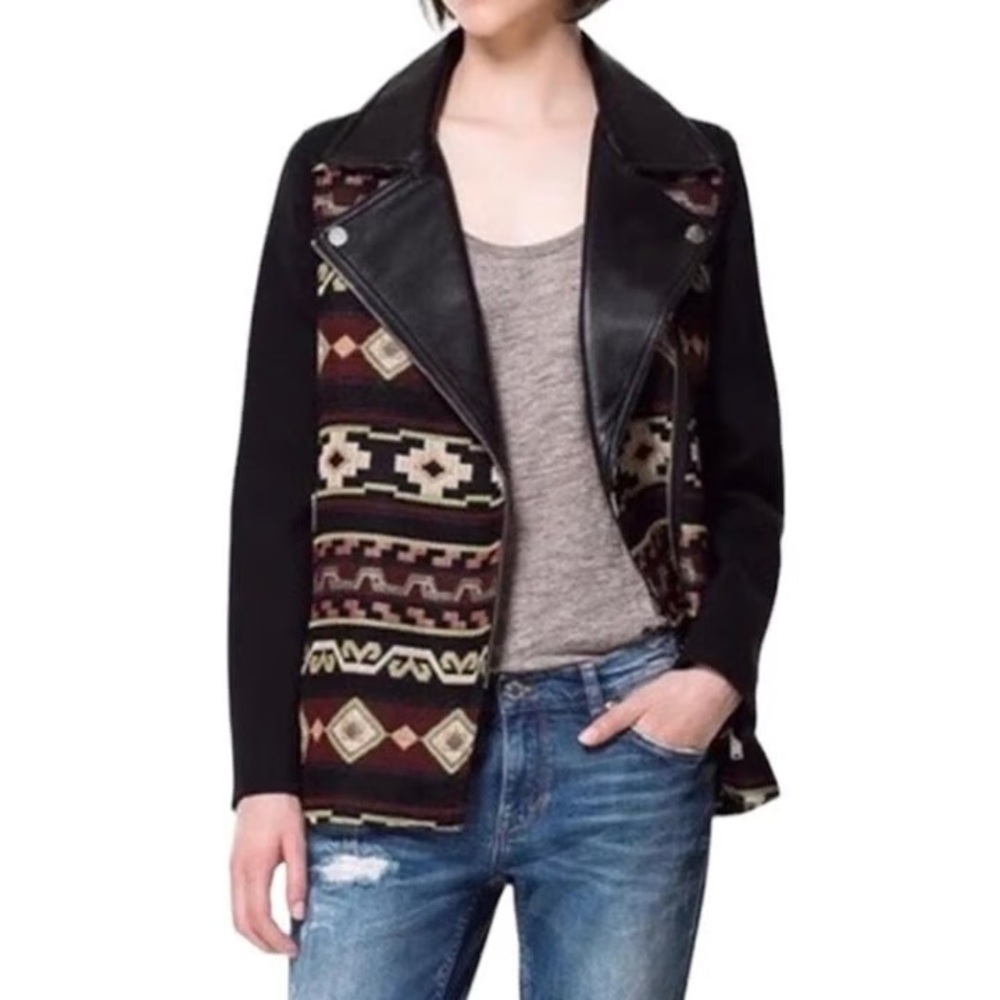 NWOT Zara Embroidered Aztec Tribal Moto Leather Trim Jacquard Jacket Size Medium - Picture 3 of 16